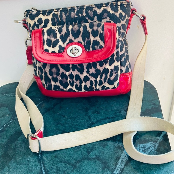 Coach Handbags - 💗Authentic Vintage Coach Red/Blk Ocelot Print Fabric & Leather Crossbody Bag💗